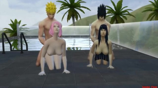 Naruto, Sakura nad their friends enjoy hardcore group sex by the pool